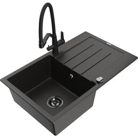 Mexen Bruno chiuvetă de granit cu 1 compartiment și scurgător și robinet de bucătărie Duo, negru/auriu metalizat