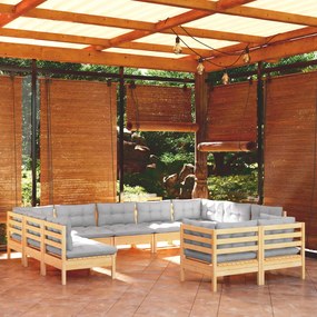 3097258 vidaXL Set mobilier grădină cu perne, 11 piese, gri, lemn masiv pin