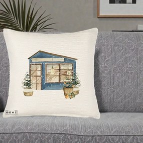 Perna Decorativa Casa de Iarna Watercolor, 40x40 cm, Crem Reliefat, Husa Detasabila, Perna Inclusa, BEKZ®