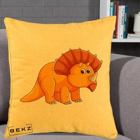 Perna Decorativa Triceratops Portocaliu, 40x40 cm, Galben, Husa Detasabila, Perna Inclusa, BEKZ®
