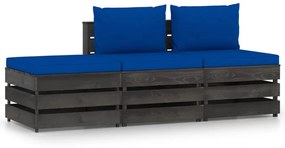 Set mobilier de gradina cu perne, 3 piese, lemn gri tratat albastru si gri, 3
