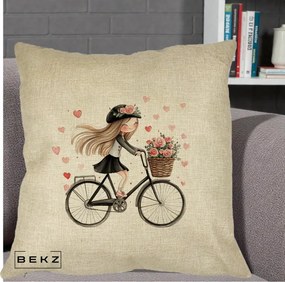 Perna Decorativa Fetita Kawaii pe Bicicleta cu Trandafiri si Inimioare, 40x40 cm, Crem, Husa Detasabila, Perna Inclusa, BEKZ®
