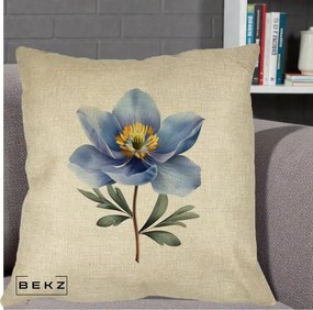 Perna Decorativa Anemona Albastra Botanica, 40x40 cm, Crem, Husa Detasabila, Perna Inclusa, BEKZ®