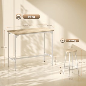 HOMCOM Set de Dining 5 Piese cu Bar 110x50x89,5 cm și Scaune Ø30x60,5 cm din Lemn și Metal Nuanță Lemn | Aosom Romania