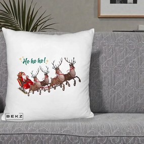 Perna Decorativa Ho Ho Ho Mos Craciun cu Sanie si Reni, 40x40 cm, Alb Pufos, Husa Detasabila, Perna Inclusa, BEKZ®