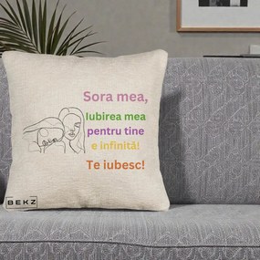 Cadou pentru Sora - Perna Personalizata Sora Mea Te Iubesc Line Art Fete Colorate Brate Ridicate, 40x40 cm, Bej Canapea, Husa Detasabila, Perna Inclusa, BEKZ®