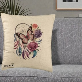 Perna Personalizata Prinzator de Vise cu Fluture si Trandafiri, 40x40 cm, Bej, Husa Detasabila, Perna Inclusa, BEKZ®