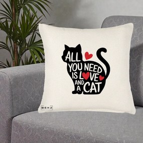 Perna Personalizata All You Need is Love and a Cat, 40x40 cm, Crem Reliefat, Husa Detasabila, Perna Inclusa, BEKZ®