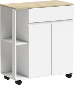 HOMCOM Cărucior Bucătărie, Insulă Bucătărie cu Sertar, Dulap, 2 Rafturi Laterale și Rafturi Reglabile, Cărucior Multifuncțional din Lemn, 78x39,5x88,5 cm, Alb și Stejar | Aosom Romania