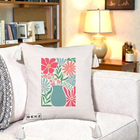 Perna Decorativa Flori in Vaza Turcoaz, 40x40 cm, Bej cu Franjuri, Husa Detasabila, Perna Inclusa, BEKZ®