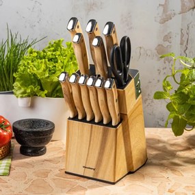 Set de cuțite de bucătărie Klausberg KB 9038, 13 piese, ascuțitor încorporat, oțel inoxidabil, suport, maro