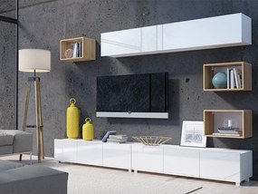 Mobilă pentru sufragerie Providence B149Alb lucios, Alb, Stejar auriu, Părți separate, Cu comodă tv, Cu componente suplimentare, PAL laminat, 300x43cm, 93 kg