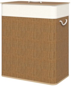 HOMCOM Coș de rufe dublu cu capac, coș de rufe din bambus 100 L cu mânere din frânghie | Aosom Romania