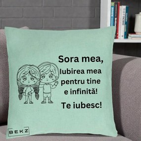 Cadou pentru Sora - Perna Personalizata Sora Mea Te Iubesc Copii Anime Line Art, 40x40 cm, Verde Menta, Husa Detasabila, Perna Inclusa, BEKZ®