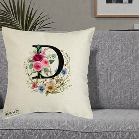 Cadou Personalizat - Perna Personalizata Monogram Litera D cu Flori Acuarela, 40x40 cm, Ecru, Husa Detasabila, Perna Inclusa, BEKZ®