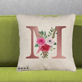 Cadou Personalizat - Perna Personalizata Monograma Rose Gold Litera M cu Trandafiri, 40x40 cm, Bej Canapea, Husa Detasabila, Perna Inclusa, BEKZ®