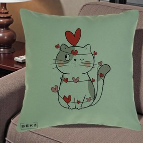 Perna Decorativa Pisica Kawaii cu Inimi, 40x40 cm, Verde, Husa Detasabila, Perna Inclusa, BEKZ®