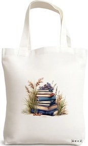 Sacosa de Panza pentru Cumparaturi, Geanta Tote, model Books and flowers 9 38 x 34.5 cm, Alba, BEKZ®