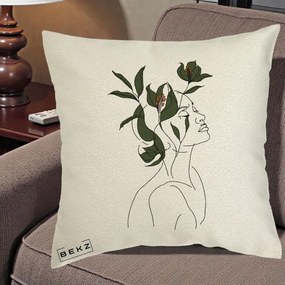 Perna Decorativa Portret Feminin Crin Verde, 40x40 cm, Ecru, Husa Detasabila, Perna Inclusa, BEKZ®