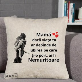 Cadou pentru Mama - Perna Personalizata Mama Nemuritoare Gravura Vintage, 40x40 cm, Bej Canapea, Husa Detasabila, Perna Inclusa, BEKZ®