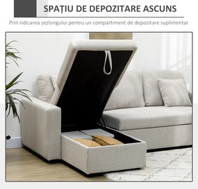 HOMCOM Canapea Extensibilă de Colț în Formă de L, Cu Șezlong Convertibil și Spațiu de Depozitare, Tapițerie Crem cu Efect de In, Perne Incluse | Aosom Romania
