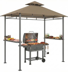 Outsunny Adăpost grătar exterior, cort de grădină 245x146x255cm din metal, acoperiș dublu, 2 rafturi laterale, Maro | Aosom Romania