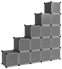 Organizator cub de depozitare cu usi, 15 cuburi, negru, PP negru si transparent, 156 x 31.5 x 153.5 cm, 1, 1, 156 x 31.5 x 153.5 cm