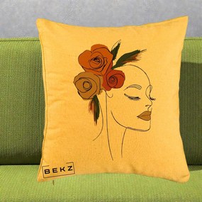 Perna Decorativa Portret Feminin Trandafiri Ruginii, 40x40 cm, Galben, Husa Detasabila, Perna Inclusa, BEKZ®