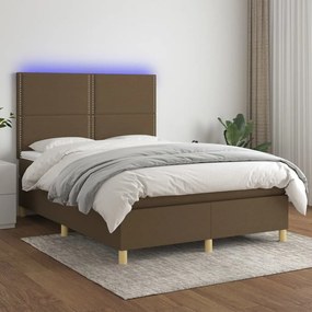 vidaXL Pat cu arcuri, saltea și LED, maro închis, 140x190 cm, textil