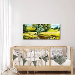 Tablou - Râu între câmpii, pictură în ulei (120x50 cm)