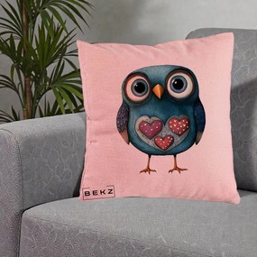 Perna Decorativa Bufnita Teal cu Doua Inimi, 40x40 cm, Roz, Husa Detasabila, Perna Inclusa, BEKZ®
