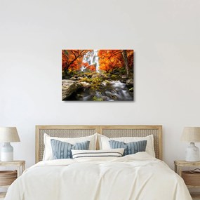 Tablou pe sticlă - Cascade în peisaj de toamnă, portocaliu (70x50 cm)