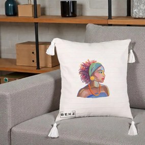 Perna Decorativa Portret Femeie Urbana Acuarela, 40x40 cm, Bej cu Franjuri, Husa Detasabila, Perna Inclusa, BEKZ®