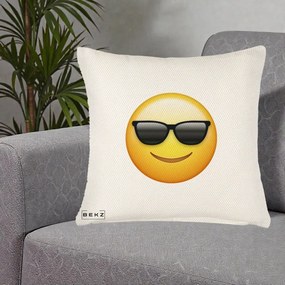 Perna Decorativa Emoji Cool Ochelari, 40x40 cm, Crem Reliefat, Husa Detasabila, Perna Inclusa, BEKZ®