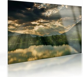 Tablou pe sticlă cu lac și soarele translucid (70x50 cm)