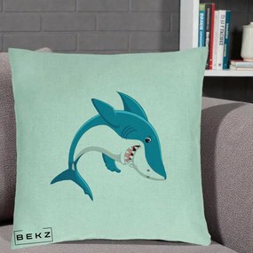 Perna Decorativa Rechin Albastru Cartoon, 40x40 cm, Verde Menta, Husa Detasabila, Perna Inclusa, BEKZ®