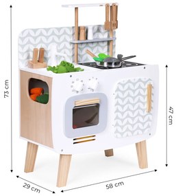 Bucătărie din lemn pentru joacă cu cuptor, chiuvetă și accesorii de bucătărie