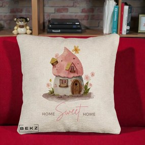 Perna Decorativa Home Sweet Home Casuta, 40x40 cm, Bej Canapea, Husa Detasabila, Perna Inclusa, BEKZ®