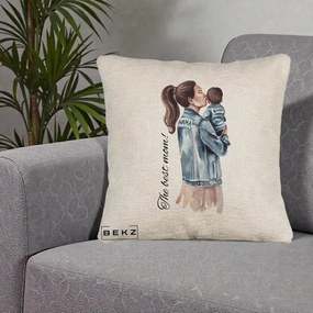 Cadou pentru Mama - Perna Personalizata The Best Mom Jachete, 40x40 cm, Bej Canapea, Husa Detasabila, Perna Inclusa, BEKZ®