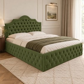 Pat tapițat Chesterfield din catifea Imperio Deluxe 140×200 cm, kaki, cu ladă de depozitare