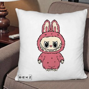 Perna Personalizata Labubu Roz Solo, 40x40 cm, Alb Pufos, Husa Detasabila, Perna Inclusa, BEKZ®