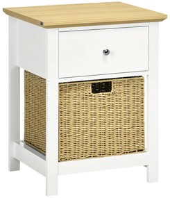 HOMCOM Masă de Noapte cu Sertar și Coș din Răchită Pliabil Masă Auxiliară pentru Sufragerie Dormitor 49x39x64 cm Alb și Natural | Aosom Romania