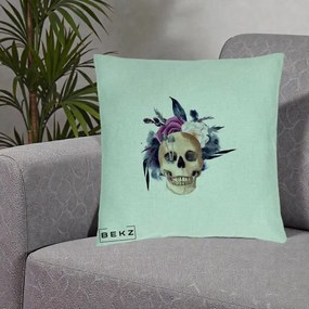 Perna Decorativa Craniu Floral cu Trandafiri si Ciuperci, 40x40 cm, Verde Menta, Husa Detasabila, Perna Inclusa, BEKZ®