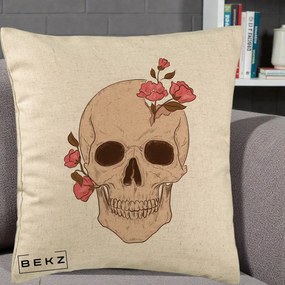 Perna Decorativa Craniu Floral Gothic, 40x40 cm, Bej, Husa Detasabila, Perna Inclusa, BEKZ®