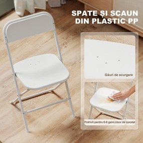 HOMCOM Set de 6 Scaune Pliabile din PP cu Orificii de Drenaj, Scaune Pliabile Salva-Spațiu Portabile din Oțel, Scaun Pliabil de Interior pentru Casă, Birou, Bucătărie, Evenimente, 45x49x79,5 cm, Alb | Aosom Romania