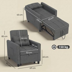 HOMCOM Fotoliu Pat Single 3 în 1 din Material Textil Tip In și Lemn cu Spătar Reclinabil, Pernă, Buzunare, Gri | Aosom Romania