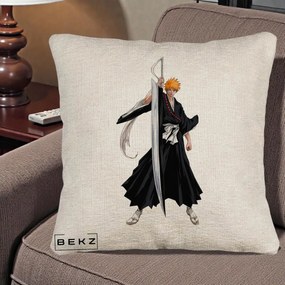 Perna Personalizata Bleach Ichigo Kurosaki Zangetsu, 40x40 cm, Bej Canapea, Husa Detasabila, Perna Inclusa, BEKZ®