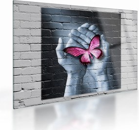 Tablou pe sticlă - Fluture roz în perete (70x50 cm)