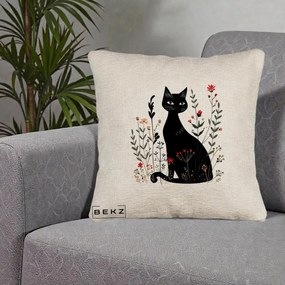 Perna Decorativa Pisica Neagra Botanica Rosu-Gri, 40x40 cm, Bej Canapea, Husa Detasabila, Perna Inclusa, BEKZ®