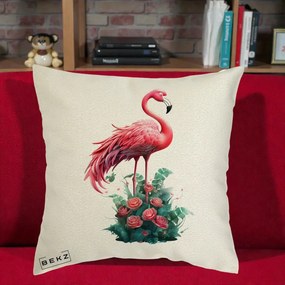 Perna Decorativa Flamingo cu Trandafiri Tropicali, 40x40 cm, Ecru, Husa Detasabila, Perna Inclusa, BEKZ®